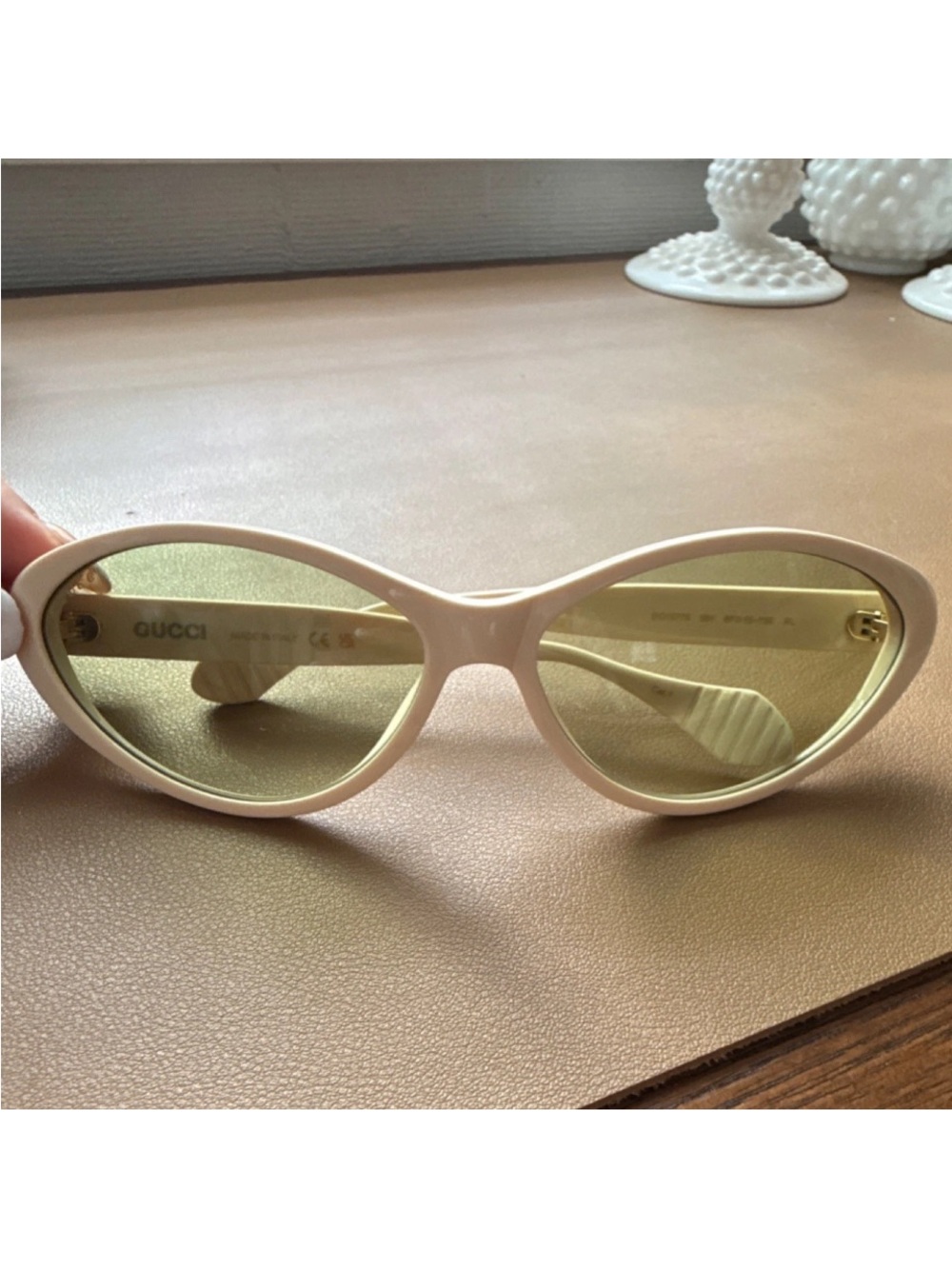 Gucci Cream Cat-Eye Sunglasses with Green Lenses
